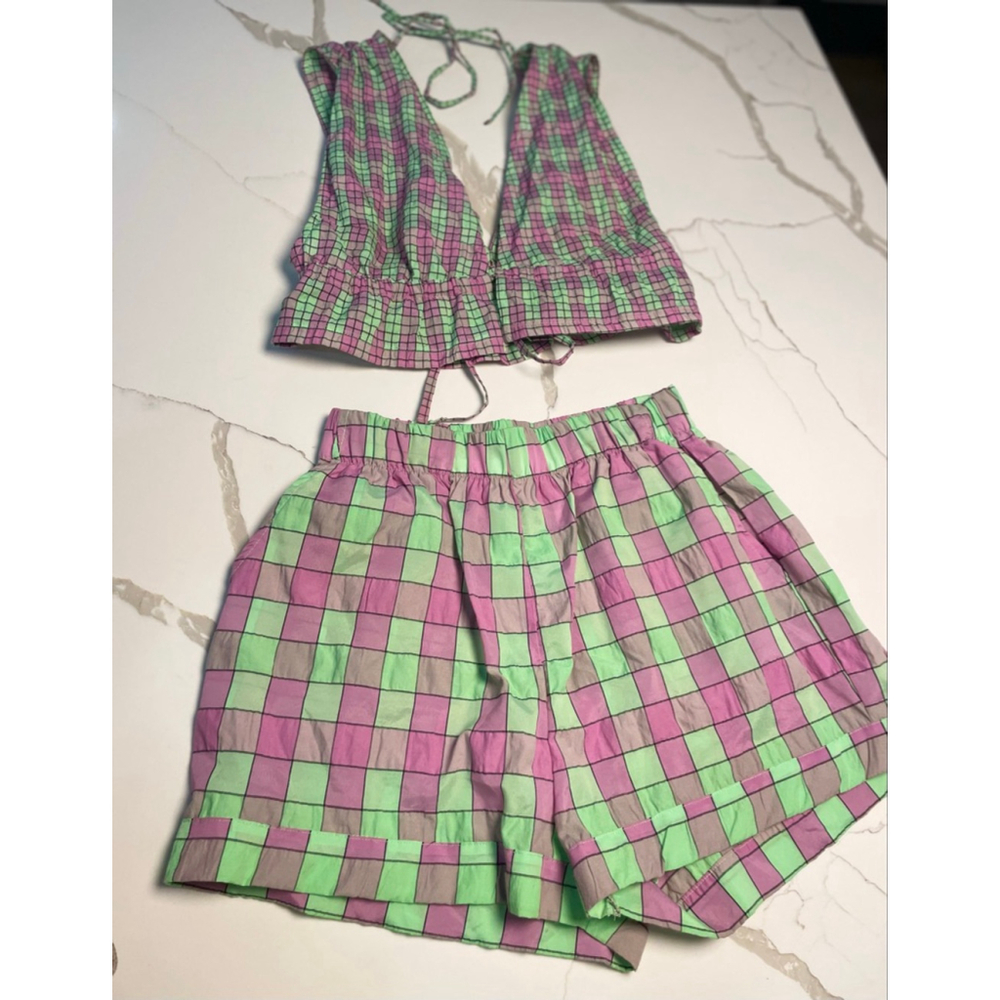 Free People Linus Plaid Short Set S Tie Front Top Festival Boho Colourful - Picture 3 of 10